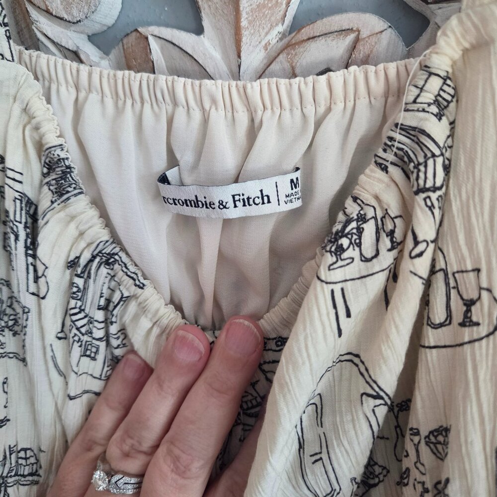 Abercrombie & Fitch Cream Parisian Cafe Patterned Tie Front Mini Dress M - Picture 2 of 9
